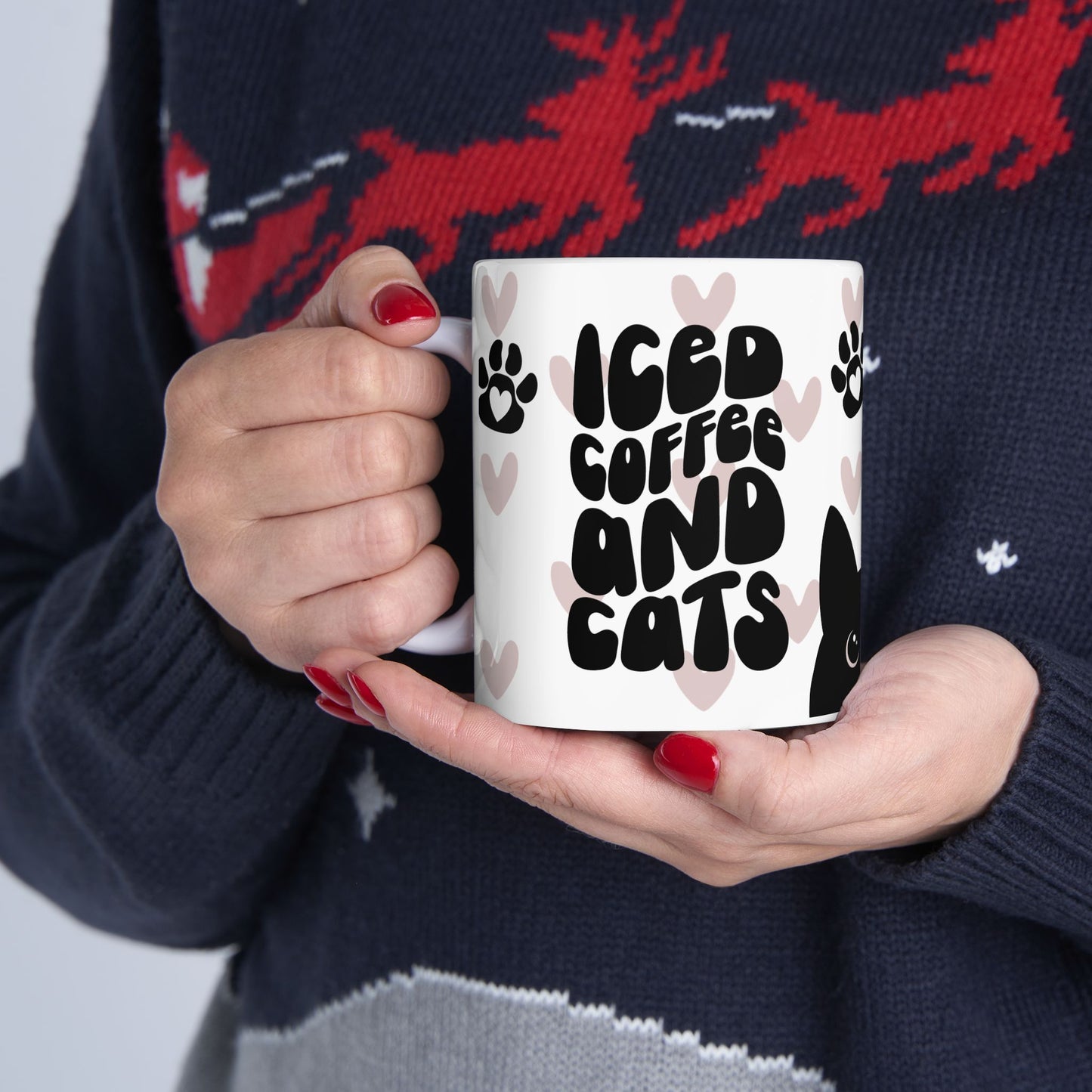 Ceramic Mug, (11oz) Iced Coffee and Cats