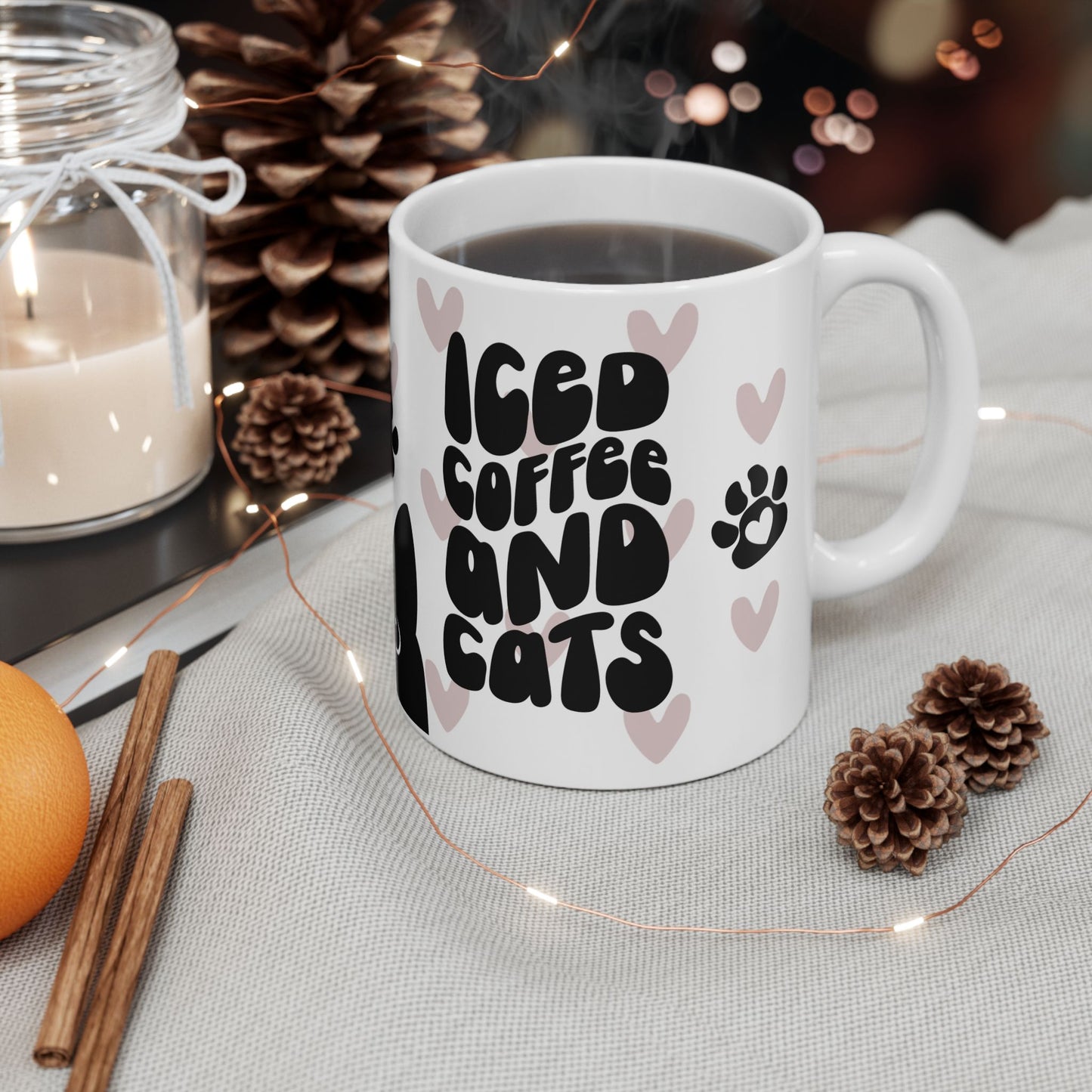 Ceramic Mug, (11oz) Iced Coffee and Cats